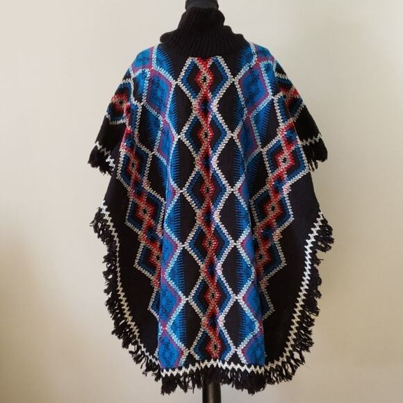 Molina VINTAGE Folk Mexican Western Aztec Fringe Poncho Boho Festival Black Red - Picture 4 of 5